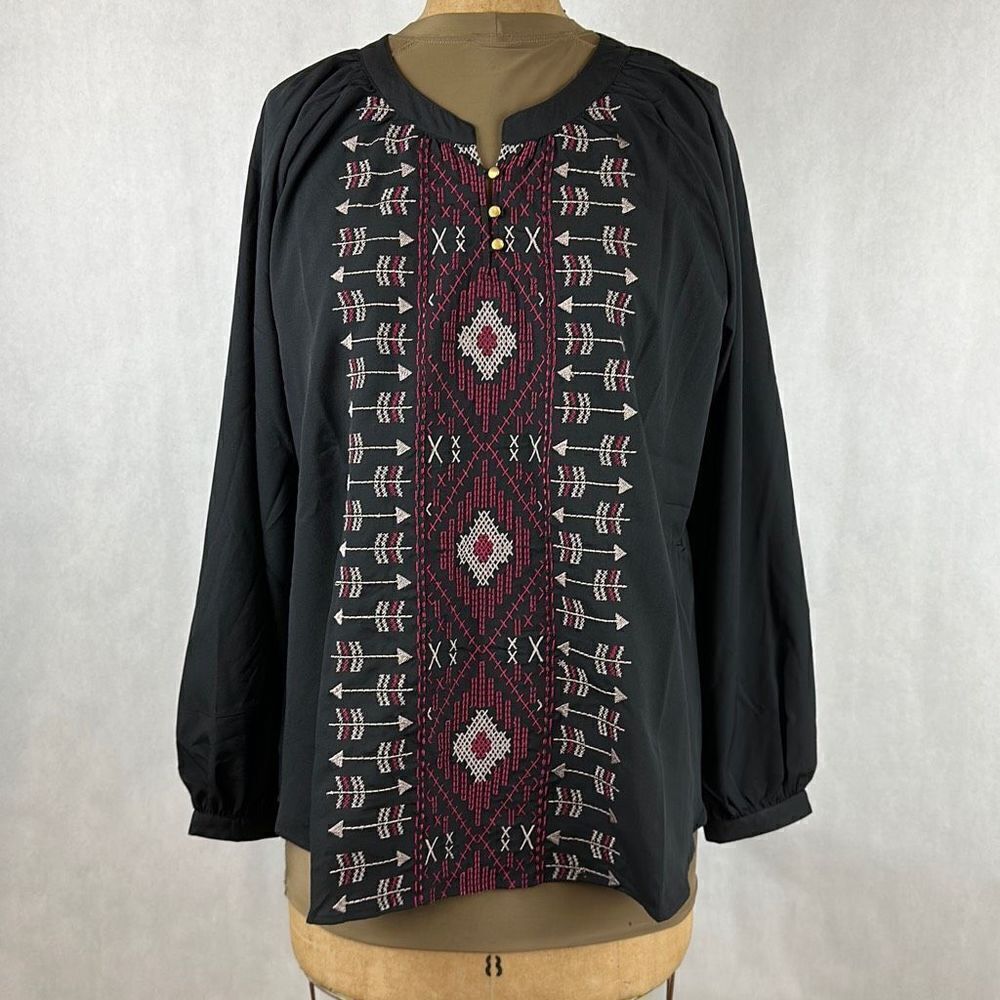 NEW Cruel Denim Blouse Ladies Sz S Black Embroidered Southwest Tie Back Lightwei